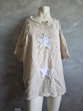Natural White Star Patch Cotton Linen Blend Tunic Top Sz S Blue Velvet Oversized